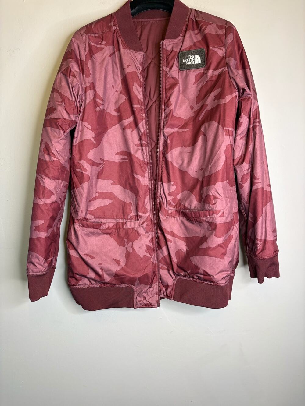The North Face Women Pink Camo Bomber Jacket Full Zip Casual Coat Medium M